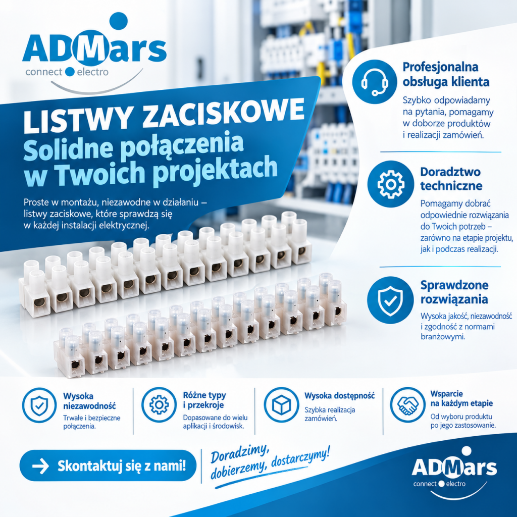 Listwy zaciskowe elektryczne ADMars do instalacji elektrycznych – trwałe połączenia i szerokie zastosowanie.